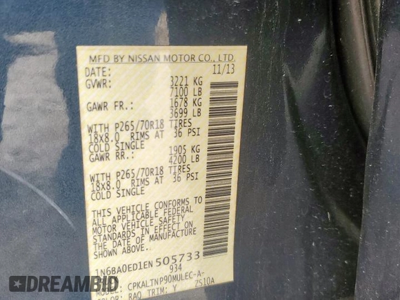 2014 Nissan Titan SV с VIN 1N6BA0ED1EN505733, выставлен на аукционе Copart как лот 65436775 с пробегом 109 512 миль миль и Списание • Salvage title. История ставок и продаж доступна на DreamBid. Изображение 12.