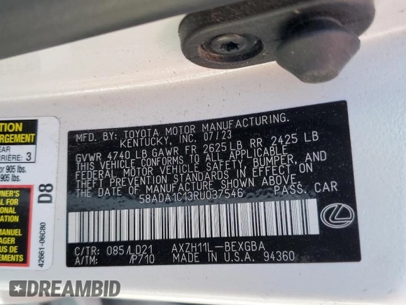 2024 Lexus ES 300h with VIN 58ADA1C13RU037546, listed as a Copart auction lot 57158805 with 49,138 mi miles and Salvage title. Bid and sale history available at DreamBid. Image 12.
