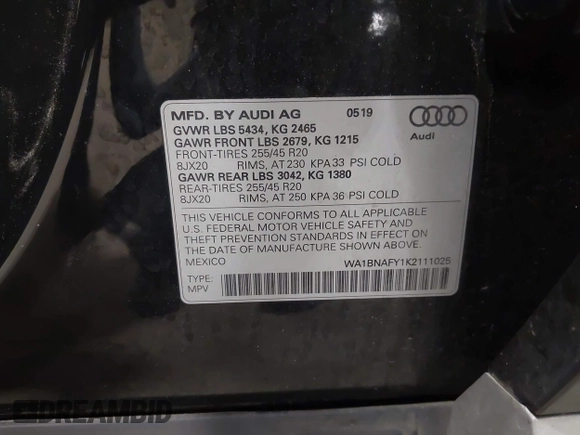 2019 Audi Q5 Premium Plus with VIN WA1BNAFY1K2111025, listed as a IAAI auction lot 42064432 with 67,677 mi miles and . Bid and sale history available at DreamBid. Image 9.