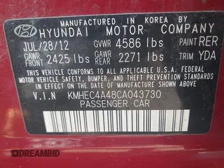 2012 Hyundai Sonata Hybrid with VIN KMHEC4A48CA043730, listed as a IAAI auction lot 42101956 with 149,558 mi miles and . Bid and sale history available at DreamBid. Image 9.