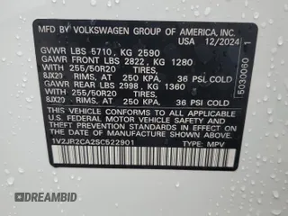 2025 Volkswagen Atlas SE z VIN 1V2JR2CA2SC522901, wystawiony jako Copart lot #44956845 z przebiegiem 1 591 mil mil oraz Szkoda całkowita • Salvage title. Historia ofert i sprzedaży dostępna na DreamBid. Obrazek 15.