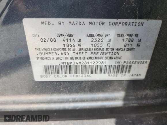 2008 Mazda 3 Mazdaspeed3 Sport with VIN JM1BK34M281122981, listed as a Copart auction lot 63225665 with 142,501 mi miles and Salvage title. Bid and sale history available at DreamBid. Image 14.