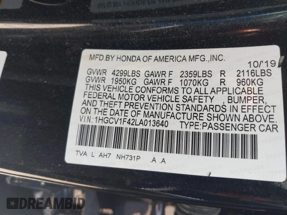 2020 Honda Accord EX with VIN 1HGCV1F42LA013640, listed as a IAAI auction lot 42332620 with 104,354 mi miles and . Bid and sale history available at DreamBid. Image 9.