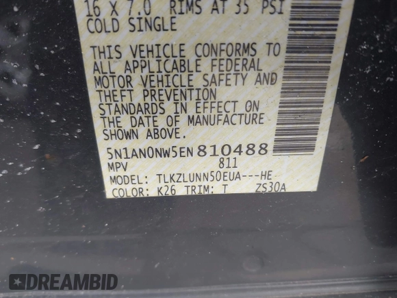 2014 Nissan Xterra X with VIN 5N1AN0NW5EN810488, listed as a IAAI auction lot 41705791 with 127,936 mi miles and . Bid and sale history available at DreamBid. Image 9.