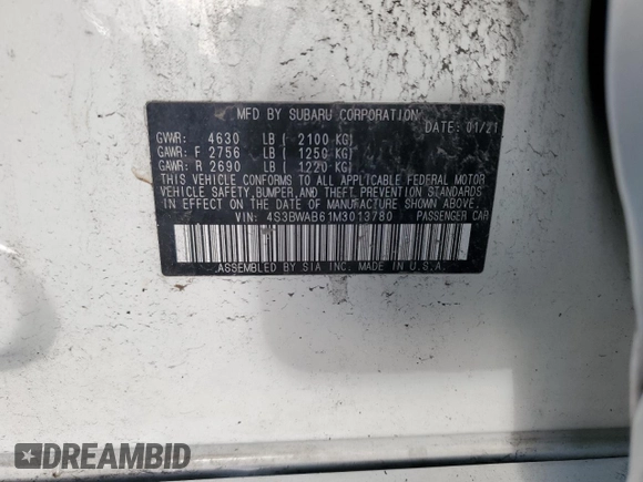 2021 Subaru Legacy with VIN 4S3BWAB61M3013780, listed as a Copart auction lot 51867945 with 92,214 mi miles and Non repairable. Bid and sale history available at DreamBid. Image 14.