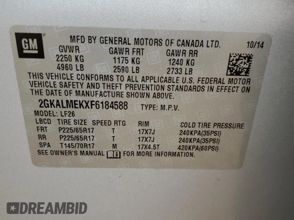 2015 GMC Terrain SLE with VIN 2GKALMEKXF6184588, listed as a Copart auction lot 51271105 with 116,090 mi miles and Salvage title. Bid and sale history available at DreamBid. Image 15.