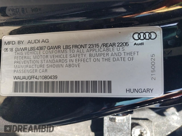 2018 Audi A3 Sedan Premium with VIN WAUAUGFF4J1080439, listed as a Copart auction lot 79664063 with 62,201 mi miles. Bid and sale history available at carsss.com. Image 15.