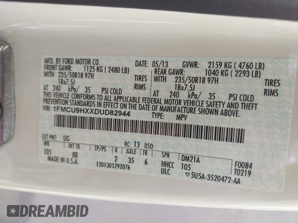 2013 Ford Escape SEL with VIN 1FMCU9HXXDUD82944, listed as a IAAI auction lot 42079667 with 97,304 mi miles. Bid and sale history available at carsss.com. Image 9.