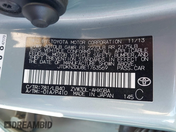 2014 Toyota Prius Four with VIN JTDKN3DU8E1763569, listed as a IAAI auction lot 41828531 with 63,083 mi miles. Bid and sale history available at carsss.com. Image 9.