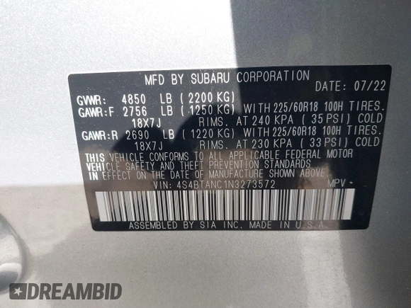 2022 Subaru Outback Limited z VIN 4S4BTANC1N3273572, wystawiony jako IAAI lot #41849896 z przebiegiem 26 119 mil mil oraz . Historia ofert i sprzedaży dostępna na DreamBid. Obrazek 9.