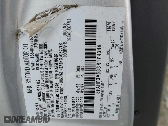 2003 Ford Focus SVT with VIN 3FAHP39533R174346, listed as a Copart auction lot 43012345 with 186,246 mi miles and Salvage Title. Bid and sale history available at DreamBid. Image 13.