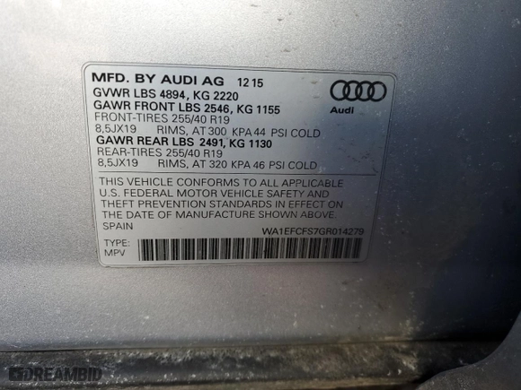 2016 Audi Q3 Premium Plus with VIN WA1EFCFS7GR014279, listed as a Copart auction lot 47120285 with 93,724 mi miles and Salvage Title. Bid and sale history available at carsss.com. Image 14.