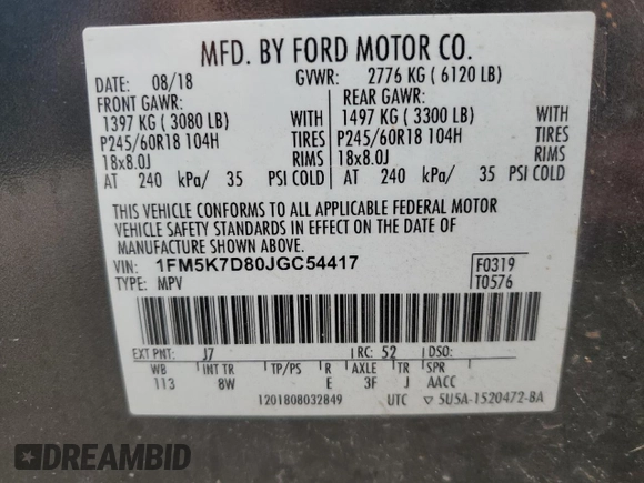 2018 Ford Explorer XLT z VIN 1FM5K7D80JGC54417, wystawiony jako Copart lot #54900345 z przebiegiem 84 896 mil mil oraz Szkoda całkowita • Salvage title. Historia ofert i sprzedaży dostępna na DreamBid. Obrazek 13.