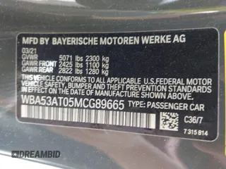 2021 BMW 4 Series M440i with VIN WBA53AT05MCG89665, listed as a IAAI auction lot 42319456 with Not provided miles and . Bid and sale history available at DreamBid. Image 9.