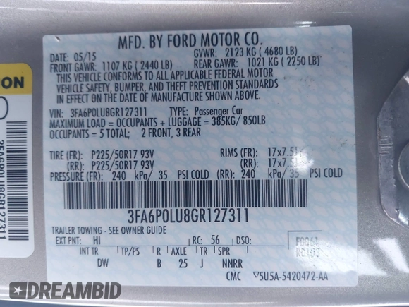 2016 Ford Fusion SE Hybrid with VIN 3FA6P0LU8GR127311, listed as a IAAI auction lot 41242945 with 1 mi miles. Bid and sale history available at carsss.com. Image 9.