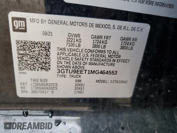 2021 GMC Sierra 1500 AT4 with VIN 3GTU9EET1MG464553, listed as a Copart auction lot 51775155 with 43,071 mi miles and Salvage Title. Bid and sale history available at carsss.com. Image 13.
