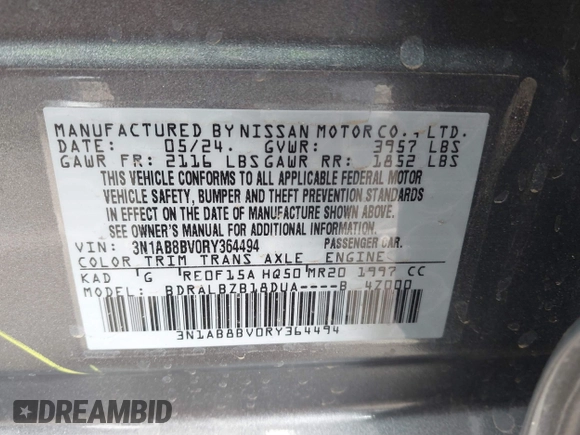 2024 Nissan Sentra S with VIN 3N1AB8BV0RY364494, listed as a IAAI auction lot 41706828 with 14,123 mi miles. Bid and sale history available at carsss.com. Image 9.