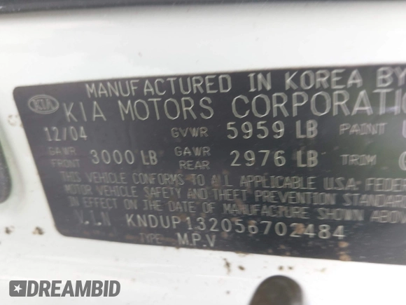 2005 Kia Sedona LX with VIN KNDUP132056702484, listed as a IAAI auction lot 42099572 with 195,528 mi miles and . Bid and sale history available at DreamBid. Image 9.