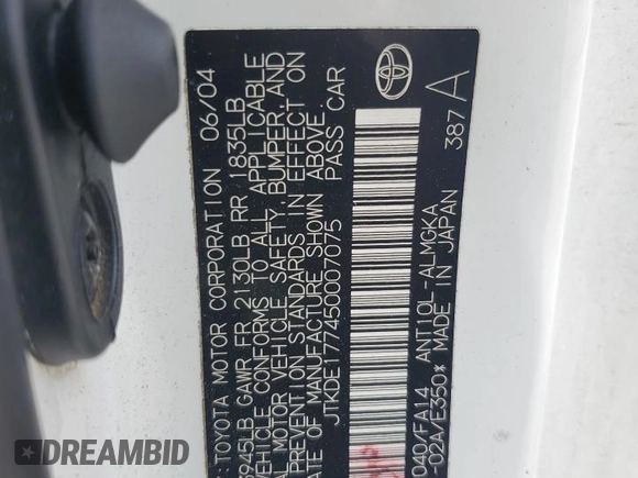 2005 Scion tC z VIN JTKDE177450007075, wystawiony jako Copart lot #57211935 z przebiegiem 205 619 mil mil oraz Szkody całkowita. Historia ofert i sprzedaży dostępna na DreamBid. Obrazek 12.