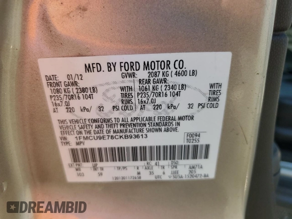 2012 Ford Escape Limited с VIN 1FMCU9E78CKB93613, выставлен на аукционе Copart как лот 64221675 с пробегом 198 231 миль миль и Чистый • Clean title. История ставок и продаж доступна на DreamBid. Изображение 13.