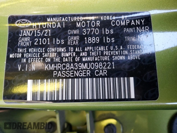 2021 Hyundai Venue SEL with VIN KMHRC8A39MU098221, listed as a Copart auction lot 53629875 with 53,482 mi miles and Salvage Title. Bid and sale history available at DreamBid. Image 14.