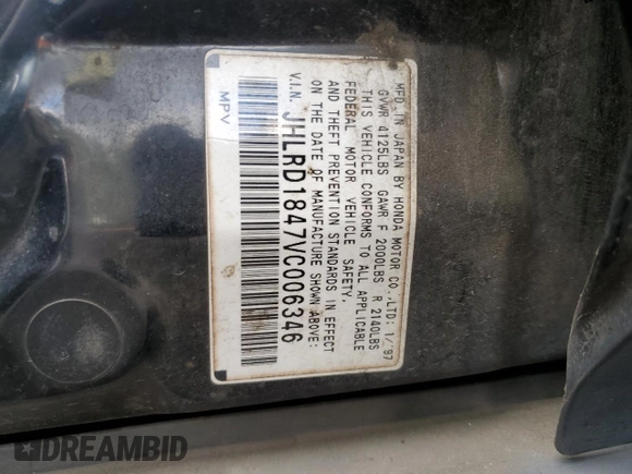 1997 Honda CR-V z VIN JHLRD1847VC006346, wystawiony jako Copart lot #57479845 z przebiegiem 248 721 mil mil oraz Szkoda całkowita • Salvage title. Historia ofert i sprzedaży dostępna na DreamBid. Obrazek 13.