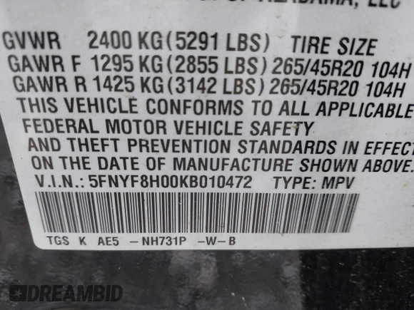 2019 Honda Passport Elite with VIN 5FNYF8H00KB010472, listed as a IAAI auction lot 42013475 with 62,577 mi miles. Bid and sale history available at carsss.com. Image 9.