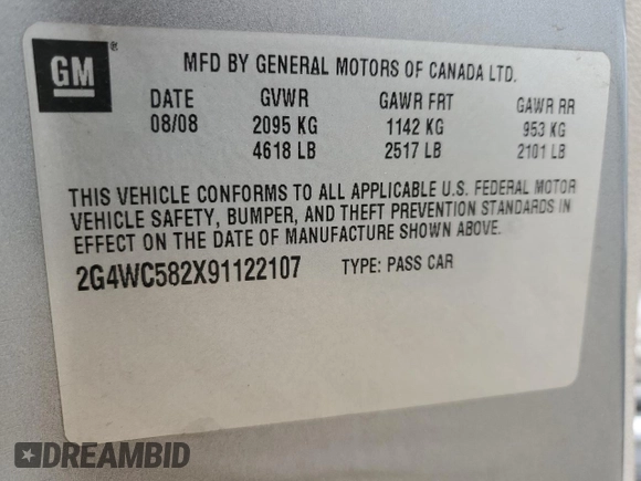 2009 Buick LaCrosse CX with VIN 2G4WC582X91122107, listed as a Copart auction lot 52902525 with 95,085 mi miles and Salvage Title. Bid and sale history available at carsss.com. Image 12.