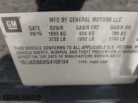 2016 Chevrolet Sonic LT with VIN 1G1JC5SGXG4108124, listed as a IAAI auction lot 42412834 with 90,191 mi miles and . Bid and sale history available at DreamBid. Image 9.