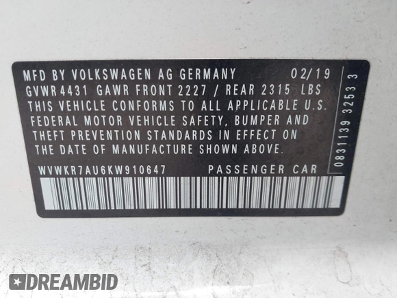 2019 Volkswagen Golf SE z VIN WVWKR7AU6KW910647, wystawiony jako IAAI lot #41502997 z przebiegiem 20 649 mil mil oraz . Historia ofert i sprzedaży dostępna na DreamBid. Obrazek 9.