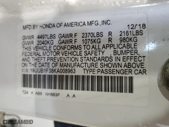 2019 Acura TLX with VIN 19UUB1F38KA008963, listed as a Copart auction lot 48346945 with 115,448 mi miles and Salvage Title. Bid and sale history available at carsss.com. Image 12.