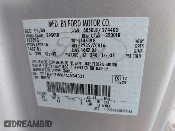 2004 Ford F-150 XL с VIN 2FTRF17W64CA84331, выставлен на аукционе IAAI как лот 42402056 с пробегом 271 831 миль миль и . История ставок и продаж доступна на DreamBid. Изображение 9.