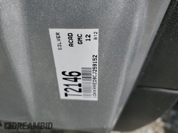 2012 GMC Acadia SLT1 z VIN 1GKKRRED9CJ259152, wystawiony jako Copart lot #51809375 z przebiegiem Nie podano mil oraz Nie do naprawy • Non repairable. Historia ofert i sprzedaży dostępna na DreamBid. Obrazek 15.