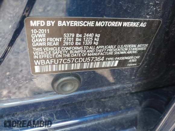 2012 BMW 5 Series 535i xDrive with VIN WBAFU7C57CDU57364, listed as a IAAI auction lot 41972047 with 150,000 mi miles. Bid and sale history available at carsss.com. Image 9.