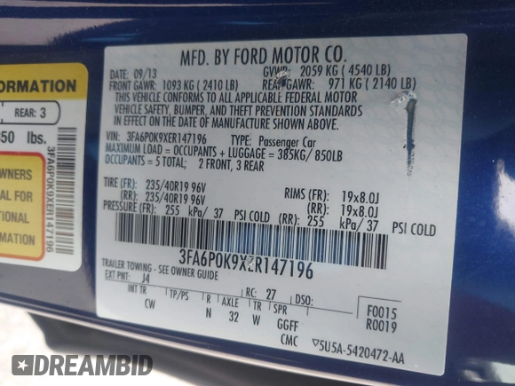 2014 Ford Fusion Titanium with VIN 3FA6P0K9XER147196, listed as a IAAI auction lot 42150441 with 110,276 mi miles and . Bid and sale history available at DreamBid. Image 9.