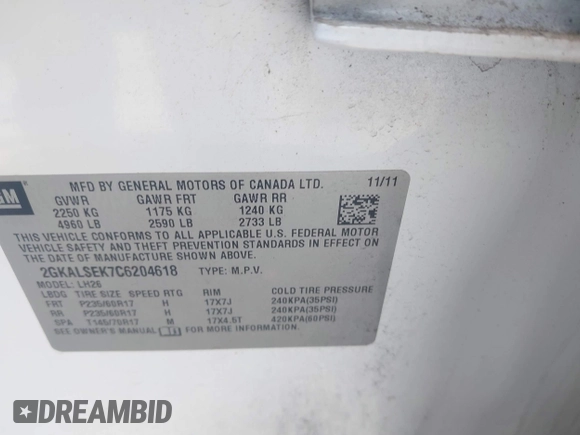 2012 GMC Terrain SLE-2 with VIN 2GKALSEK7C6204618, listed as a IAAI auction lot 42212461 with 135,057 mi miles and . Bid and sale history available at DreamBid. Image 9.