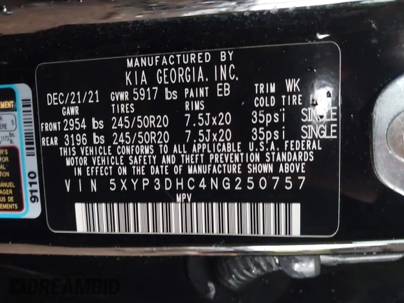 2022 Kia Telluride EX с VIN 5XYP3DHC4NG250757, выставлен на аукционе IAAI как лот 42123357 с пробегом 79 745 миль миль и . История ставок и продаж доступна на DreamBid. Изображение 9.