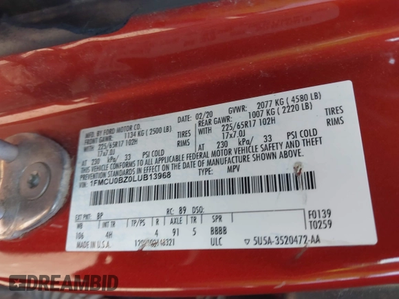 2020 Ford Escape SE Sport Hybrid with VIN 1FMCU0BZ0LUB13968, listed as a IAAI auction lot 41684447 with 101,299 mi miles and . Bid and sale history available at DreamBid. Image 9.