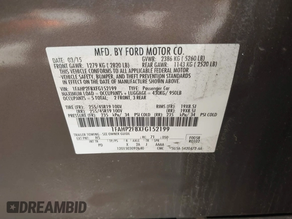 2015 Ford Taurus Limited with VIN 1FAHP2F8XFG152199, listed as a IAAI auction lot 42166683 with 222,944 mi miles and . Bid and sale history available at DreamBid. Image 9.