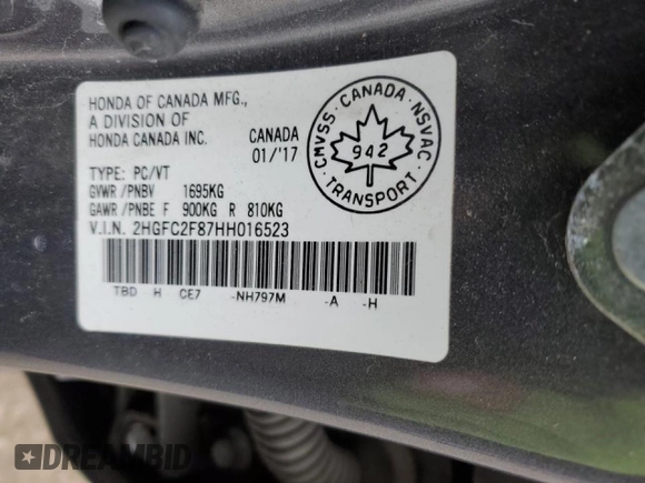 2017 Honda Civic EX with VIN 2HGFC2F87HH016523, listed as a Copart auction lot 53541115 with 156,221 mi miles and Salvage Title. Bid and sale history available at DreamBid. Image 12.