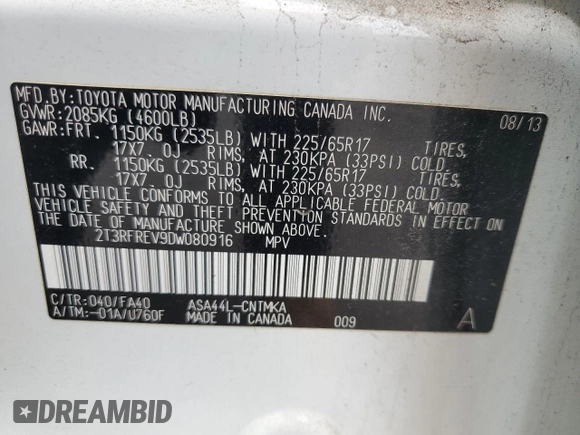 2013 Toyota RAV4 XLE с VIN 2T3RFREV9DW080916, выставлен на аукционе Copart как лот 61061755 с пробегом 145 700 миль миль и Списание • Salvage title. История ставок и продаж доступна на DreamBid. Изображение 13.