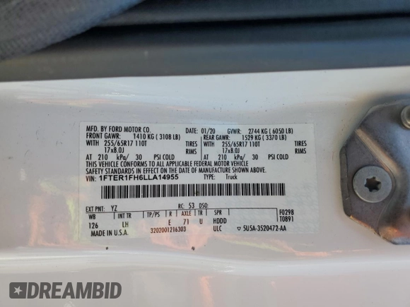 2020 Ford Ranger XL with VIN 1FTER1FH6LLA14955, listed as a Copart auction lot 60250875 with 55,679 mi miles and Salvage title. Bid and sale history available at DreamBid. Image 12.