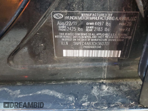 2012 Hyundai Sonata SE with VIN 5NPEC4AB3CH360701, listed as a Copart auction lot 87855345 with 203,798 mi miles and Non Repairable. Bid and sale history available at carsss.com. Image 12.