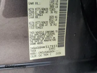 2017 Nissan Titan SV z VIN 1N6AA1E64HN517933, wystawiony jako Copart lot #72793864 z przebiegiem 60 572 mil mil oraz Szkoda całkowita • Salvage title. Historia ofert i sprzedaży dostępna na DreamBid. Obrazek 14.