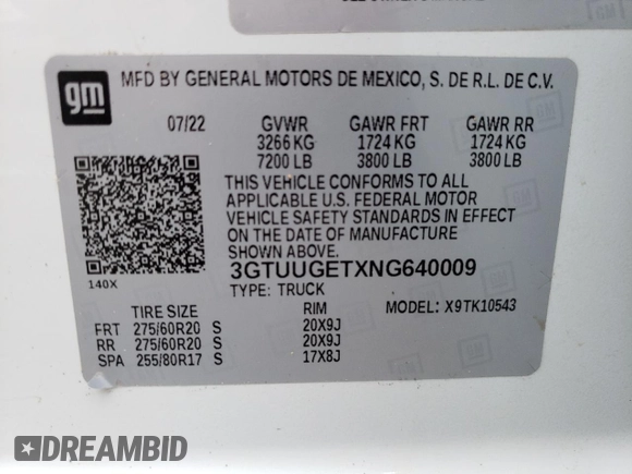 2022 GMC Sierra 1500 with VIN 3GTUUGETXNG640009, listed as a Copart auction lot 56219405 with 43,537 mi miles and Salvage Title. Bid and sale history available at DreamBid. Image 12.