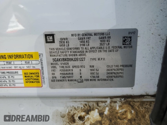 2017 Buick Enclave Leather with VIN 5GAKVBKD8HJ261227, listed as a Copart auction lot 52633475 with 112,685 mi miles and Salvage Title. Bid and sale history available at DreamBid. Image 13.