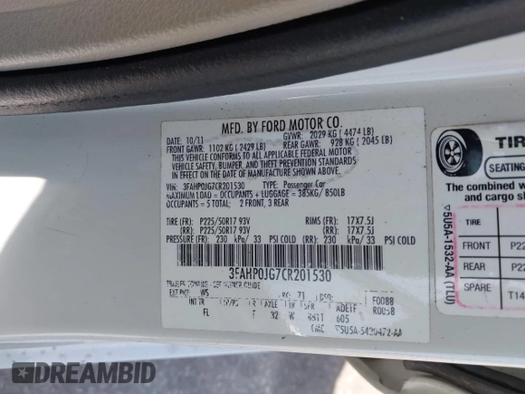 2012 Ford Fusion SEL with VIN 3FAHP0JG7CR201530, listed as a IAAI auction lot 41897282 with 200,153 mi miles. Bid and sale history available at carsss.com. Image 9.