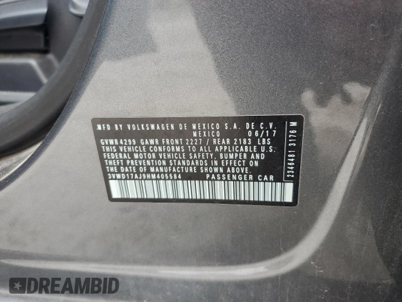 2017 Volkswagen Jetta Sport with VIN 3VWD17AJ9HM405584, listed as a Copart auction lot 57512375 with 128,484 mi miles and Salvage title. Bid and sale history available at DreamBid. Image 12.