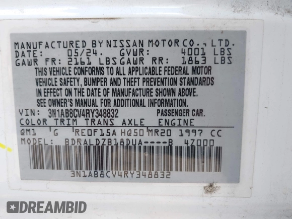 2024 Nissan Sentra SV with VIN 3N1AB8CV4RY348832, listed as a IAAI auction lot 42665119 with 35,994 mi miles and . Bid and sale history available at DreamBid. Image 9.
