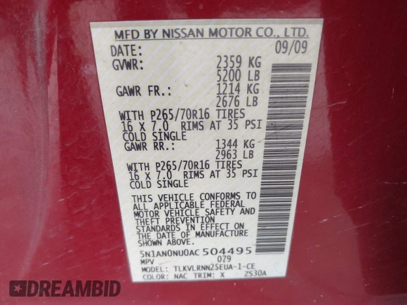 2010 Nissan Xterra S z VIN 5N1AN0NU0AC504495, wystawiony jako IAAI lot #41737955 z przebiegiem 149 741 mil mil oraz . Historia ofert i sprzedaży dostępna na DreamBid. Obrazek 9.